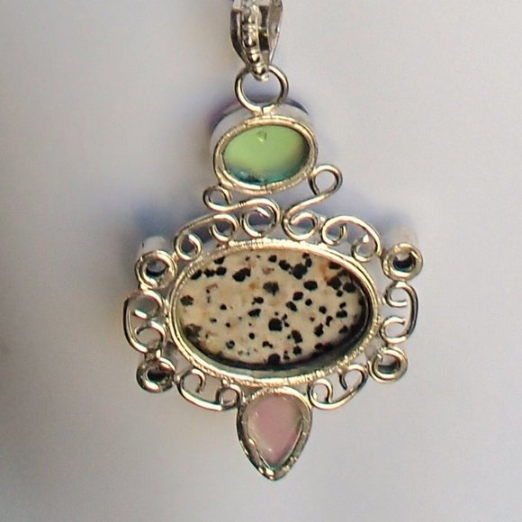 Dalmation Jasper Rainbow Topaz Green Amethyst .925 Scrollwork Pendant Only - Picture 5 of 10